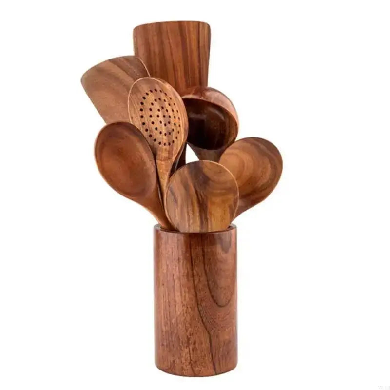 KX4B 8 Pieces Wooden Spatula Set Natural Teak Kitchenoden Spoon Cooking Utensils