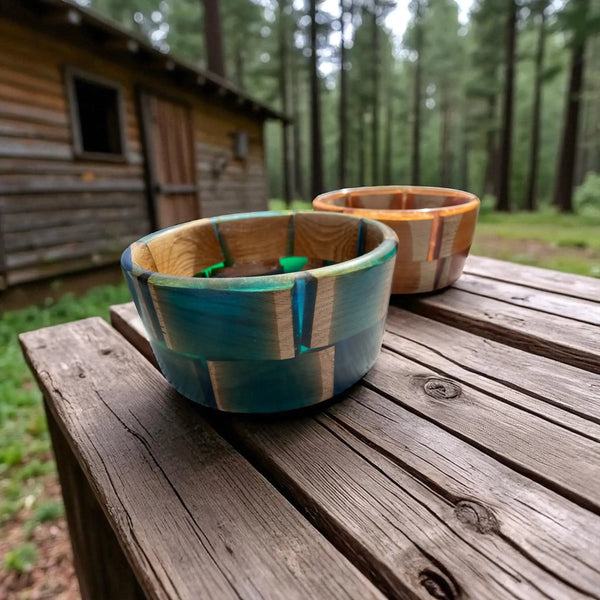 Hand-turned bowl – copper green-blue epoxy and oak – Norway